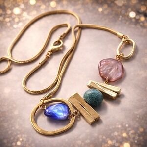 Abstract Gold Tone Statement Necklace  Multicolor Stone Charms